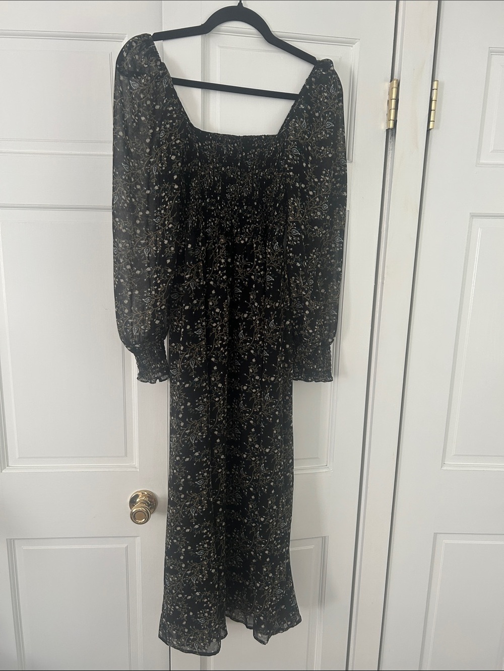 Black Floral Smocked Midi Dress with Puff Sleeves